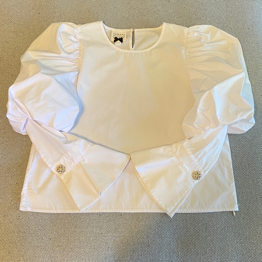 Edward Achour Paris White Puff Sleeve Blouse with Button Details